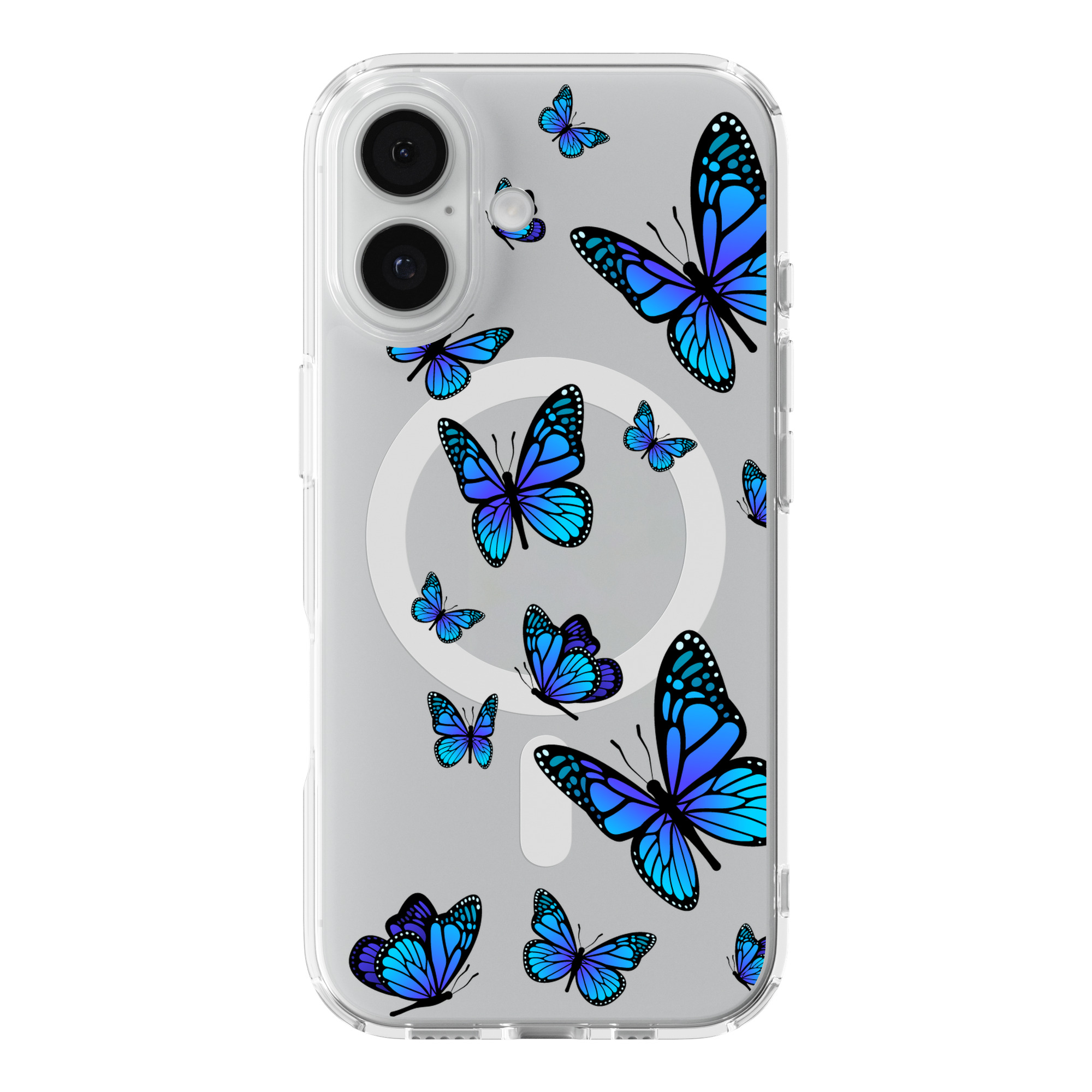 DistinctInk Blue Butterfly Clear MagSafe Case for iPhone 18 & 17 Series