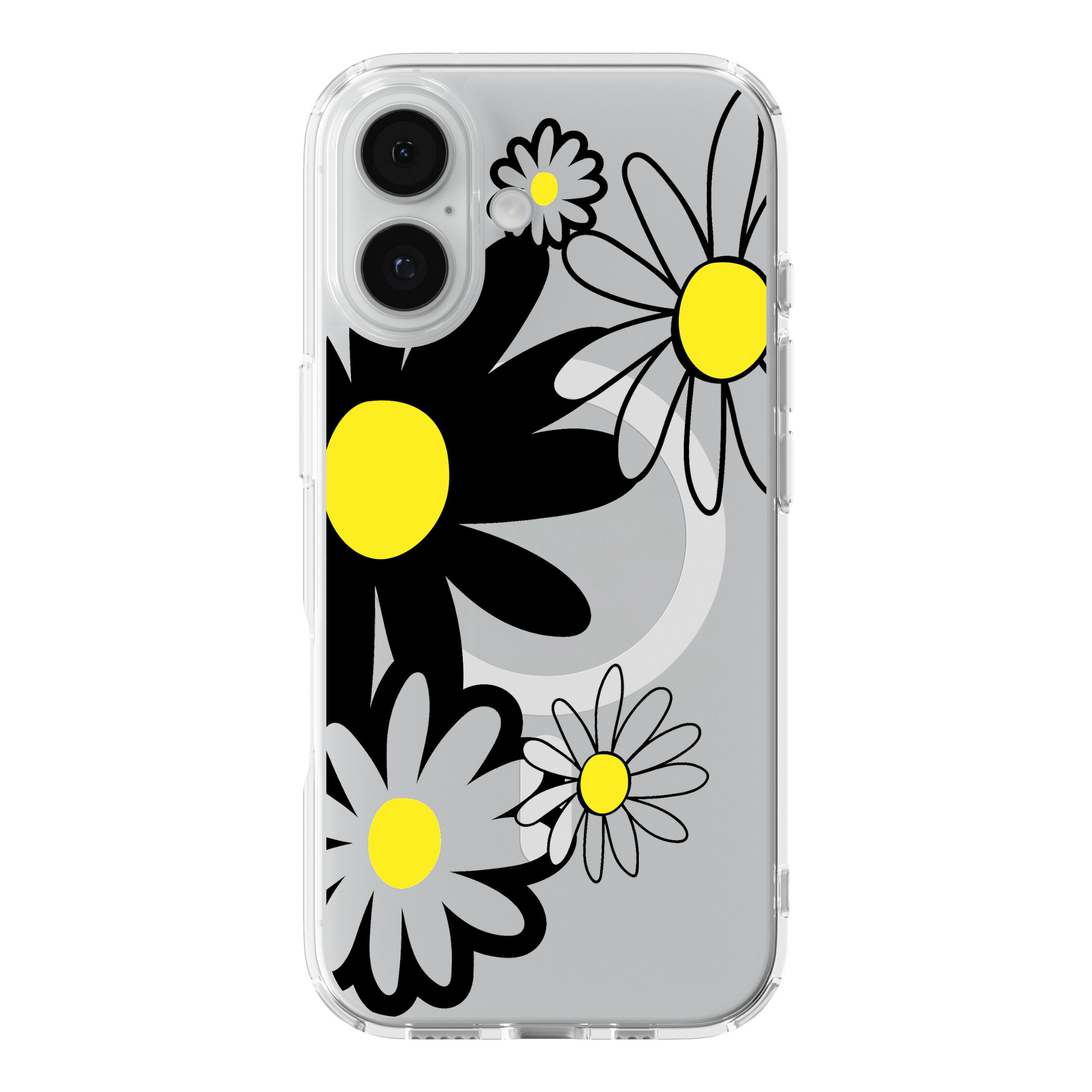DistinctInk Black & Yellow Modern Daisies Clear MagSafe Case for iPhone 18 & 17