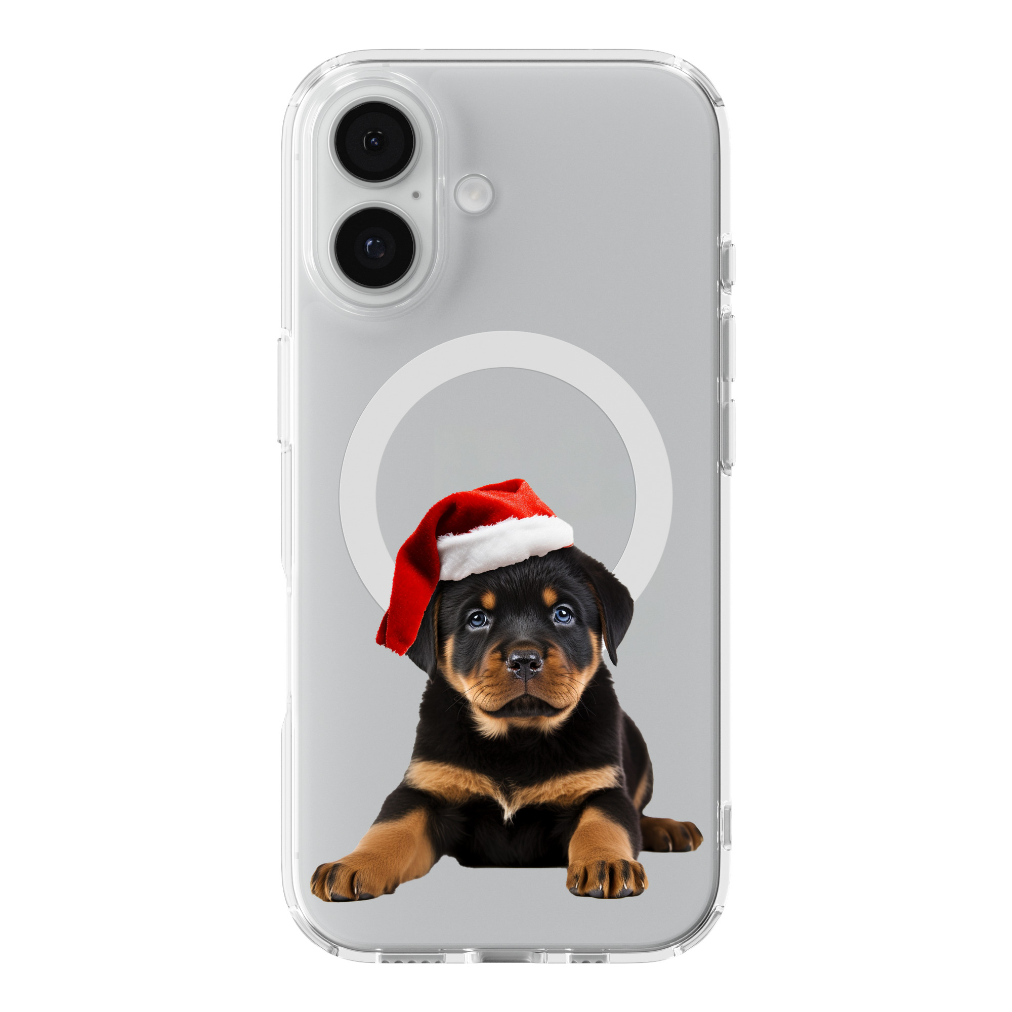 DistinctInk Christmas Rottweiler Puppy Clear MagSafe Case for iPhone 18 & 17