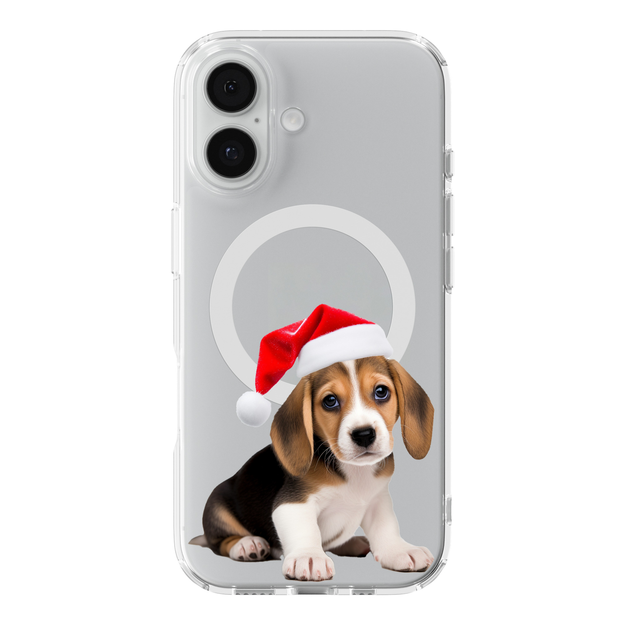 DistinctInk Christmas Beagle Puppy Clear MagSafe Case for iPhone 18 & 17 Series