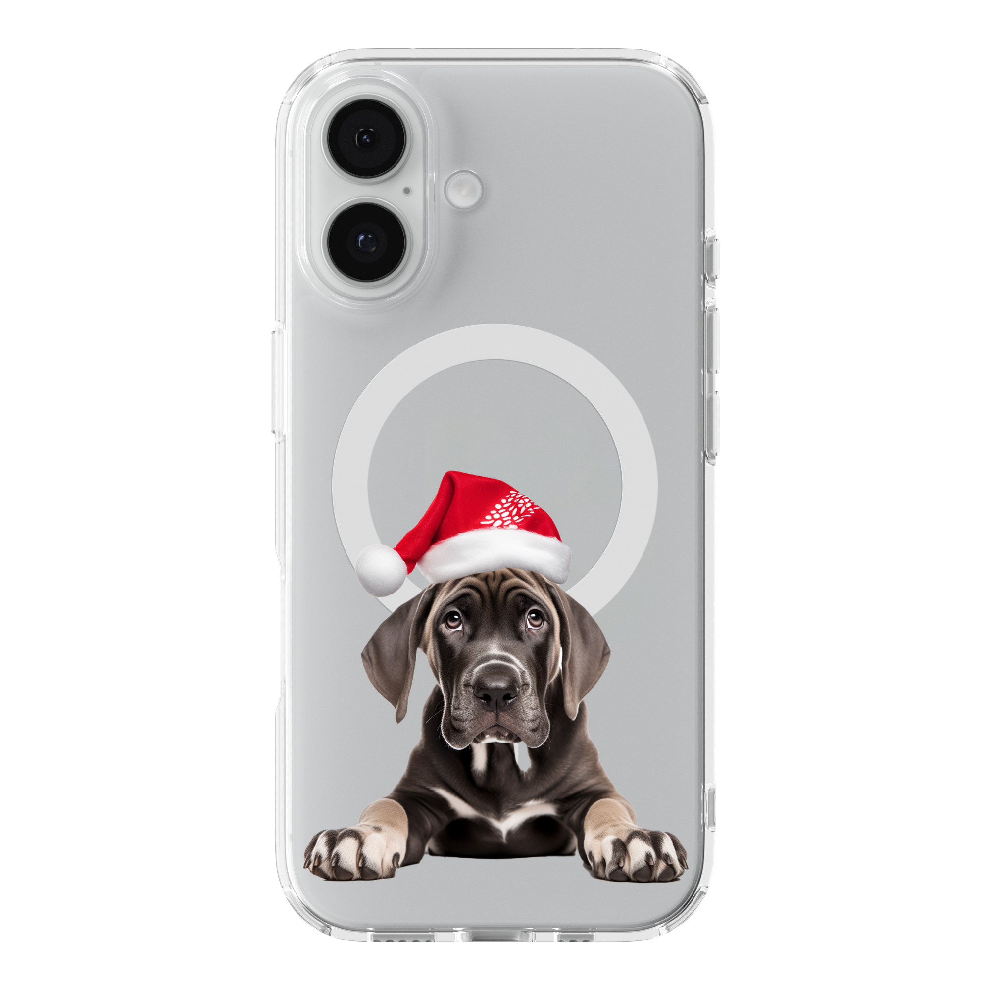 DistinctInk Christmas Great Dane Puppy Clear MagSafe Case for iPhone 18 & 17