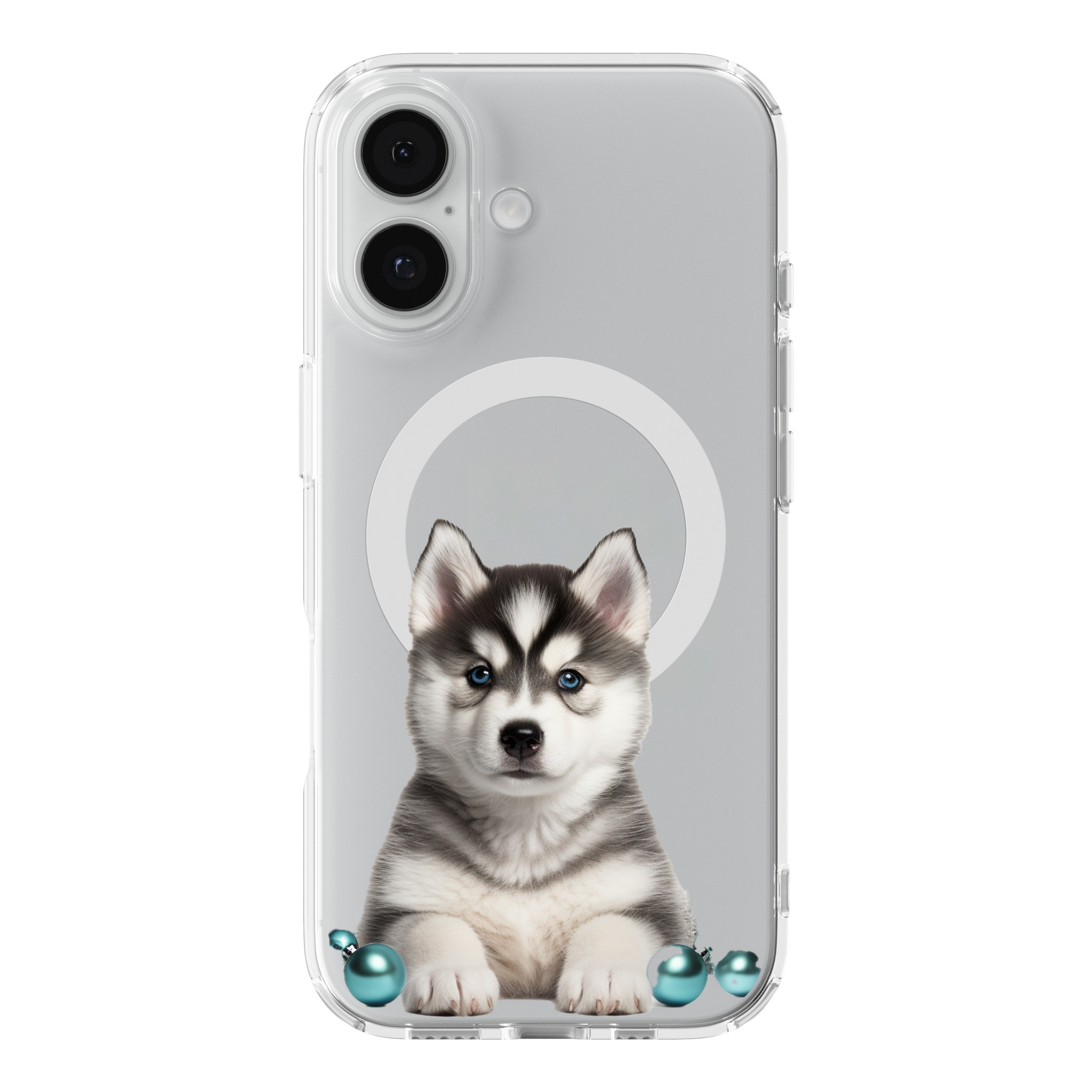 DistinctInk Christmas Siberian Huskie Puppy Clear MagSafe Case iPhone 18/17