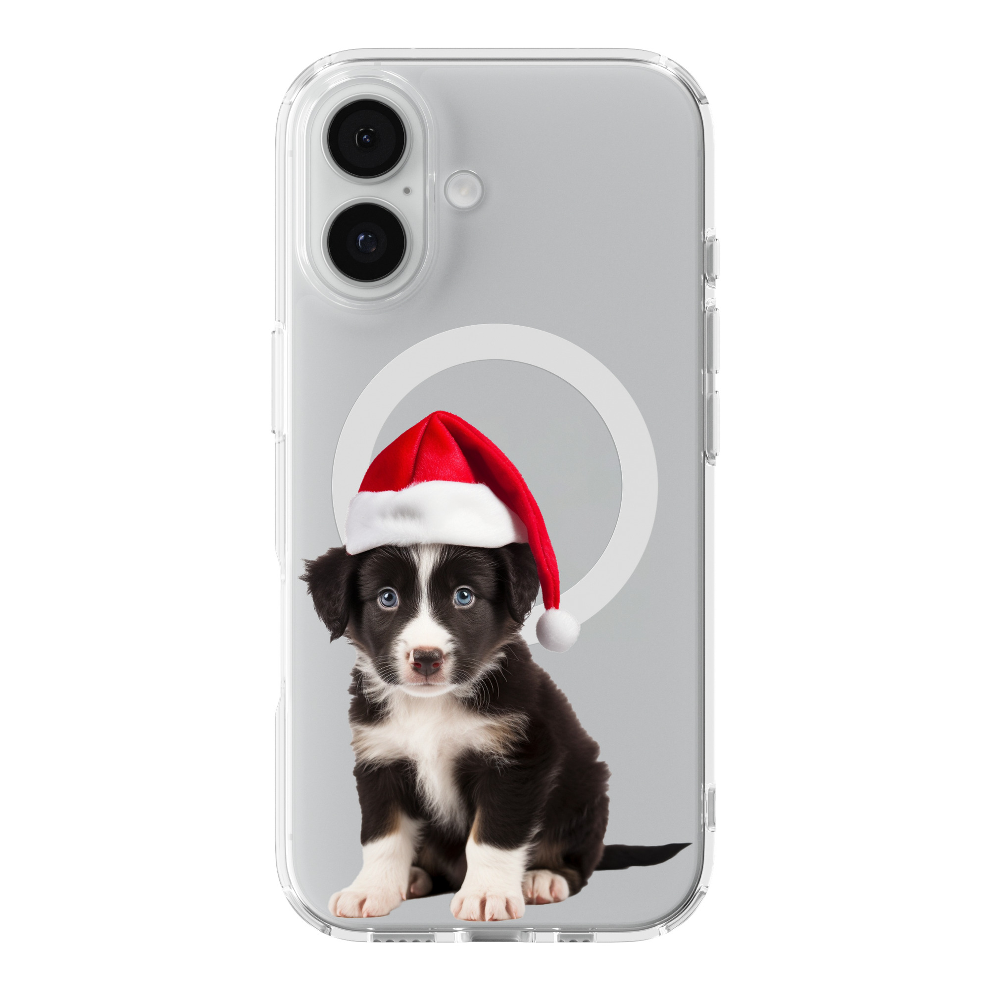 DistinctInk Christmas Border Collie Puppy Clear MagSafe Case for iPhone 18 & 17