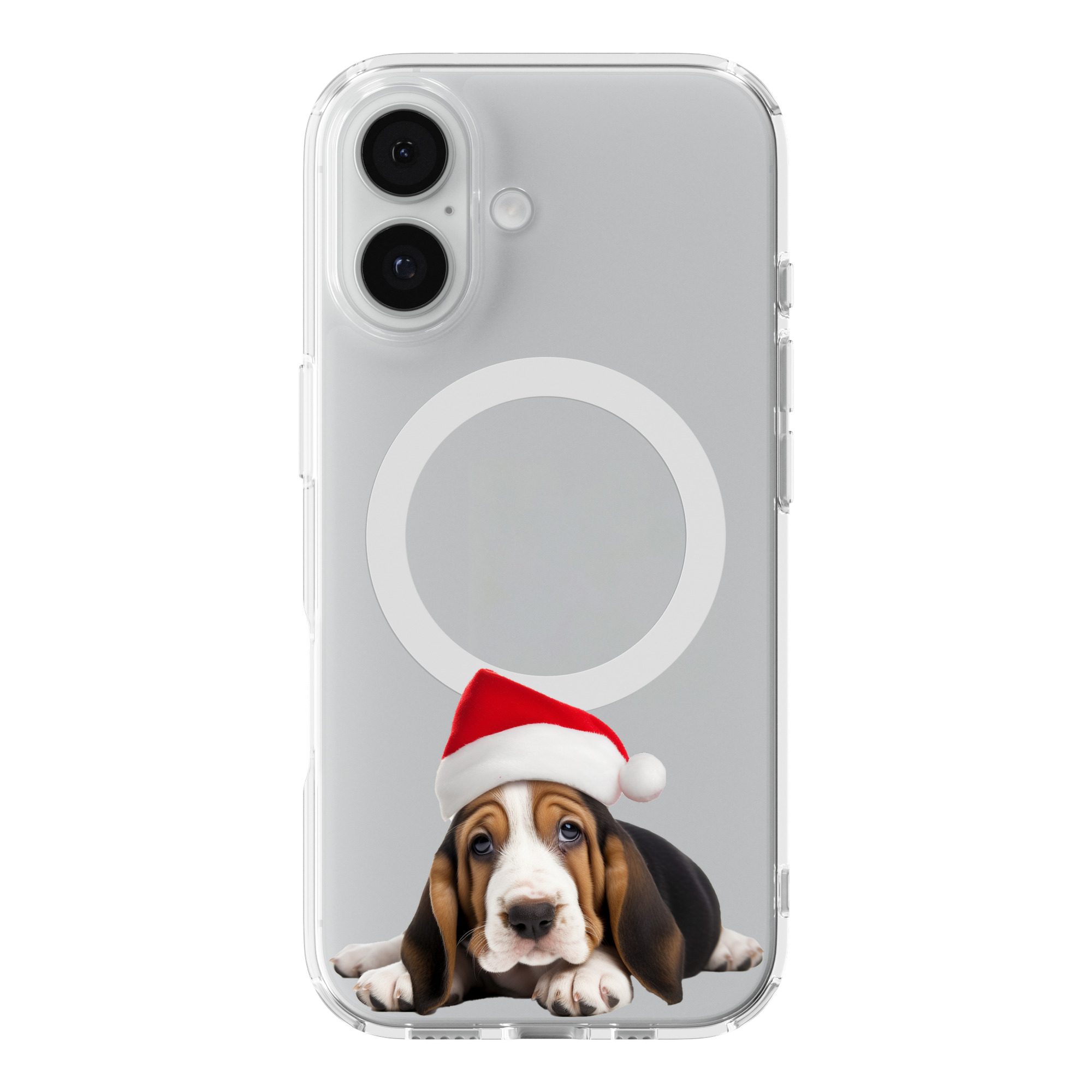 DistinctInk Christmas Basset Hound Puppy Clear MagSafe Case for iPhone 18 & 17