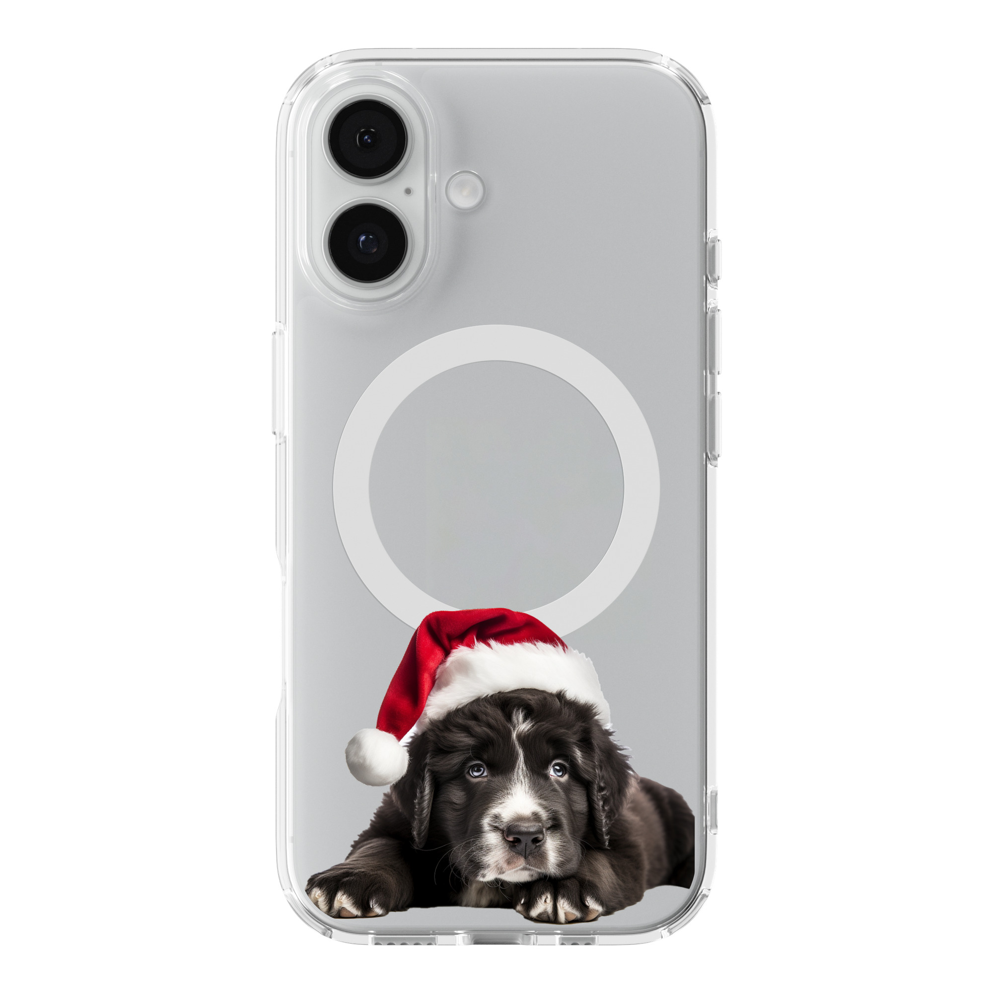 DistinctInk Christmas Newfoundland Puppy Clear MagSafe Case for iPhone 18 & 17