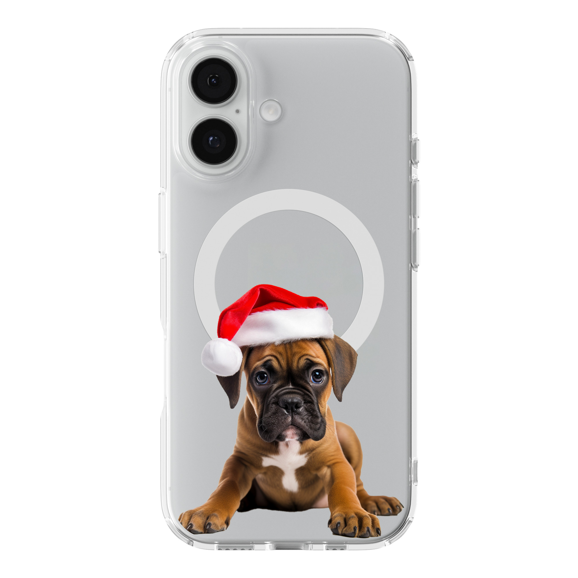 DistinctInk Boxer Puppy Clear MagSafe Case for iPhone 18 & 17 Series