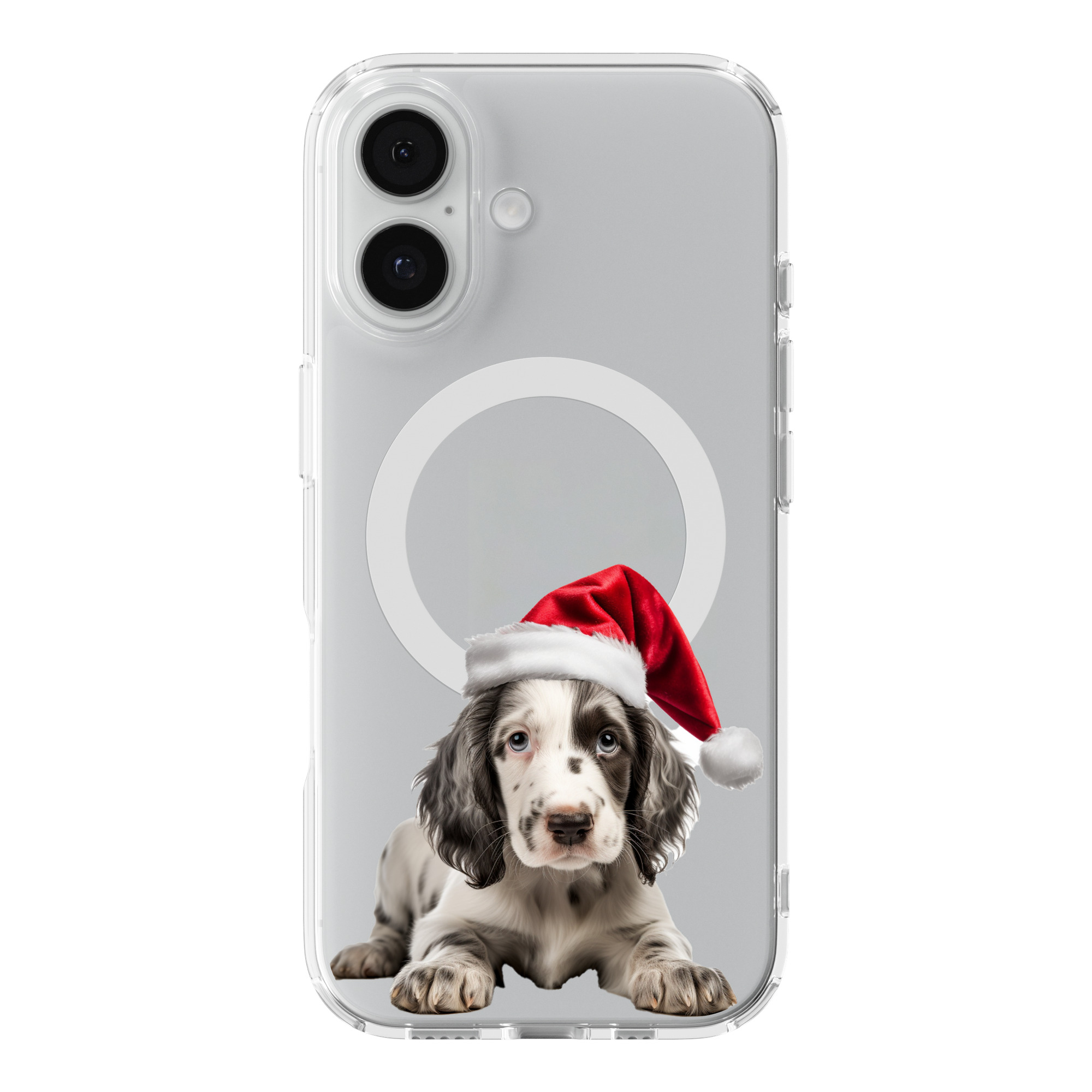 DistinctInk Christmas English Setter Puppy Clear MagSafe Case for iPhone 18 & 17