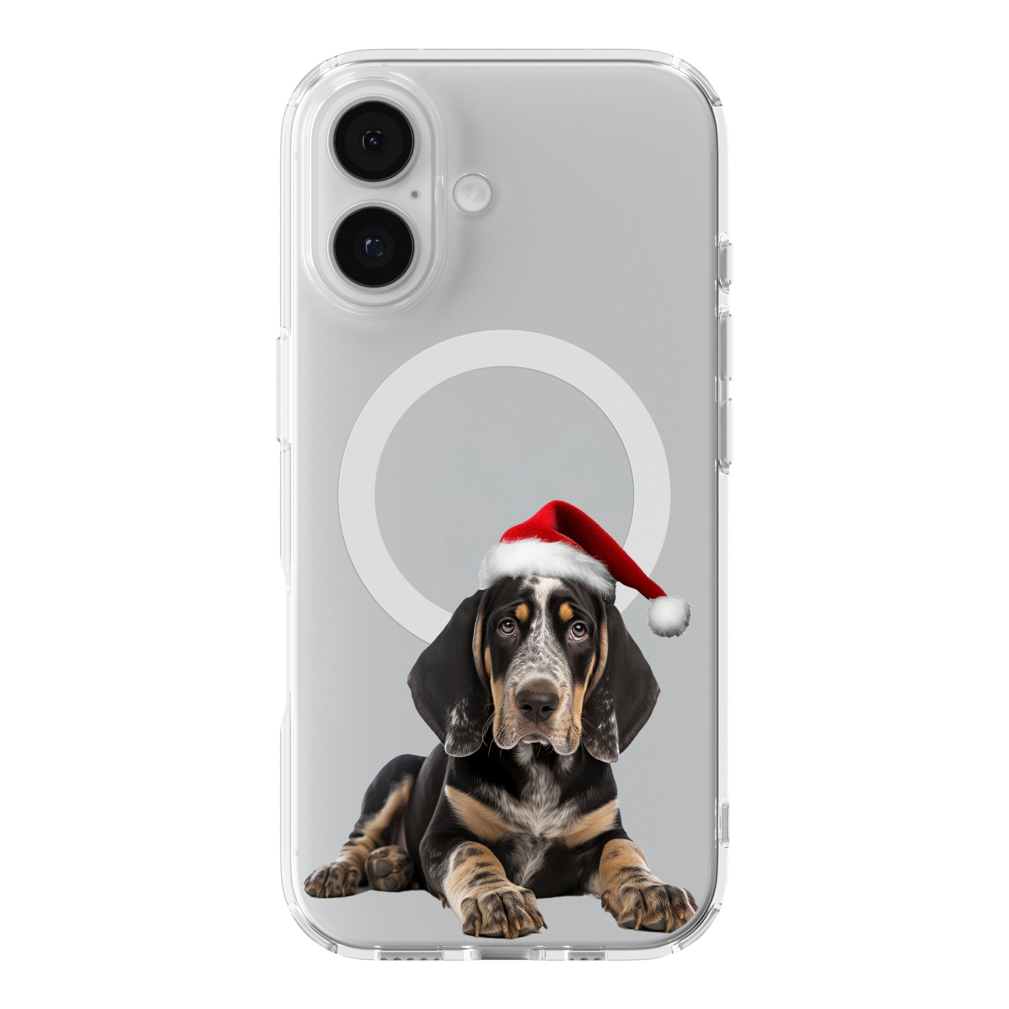DistinctInk Santa Coonhound Clear MagSafe Case for iPhone 18 & 17 Series
