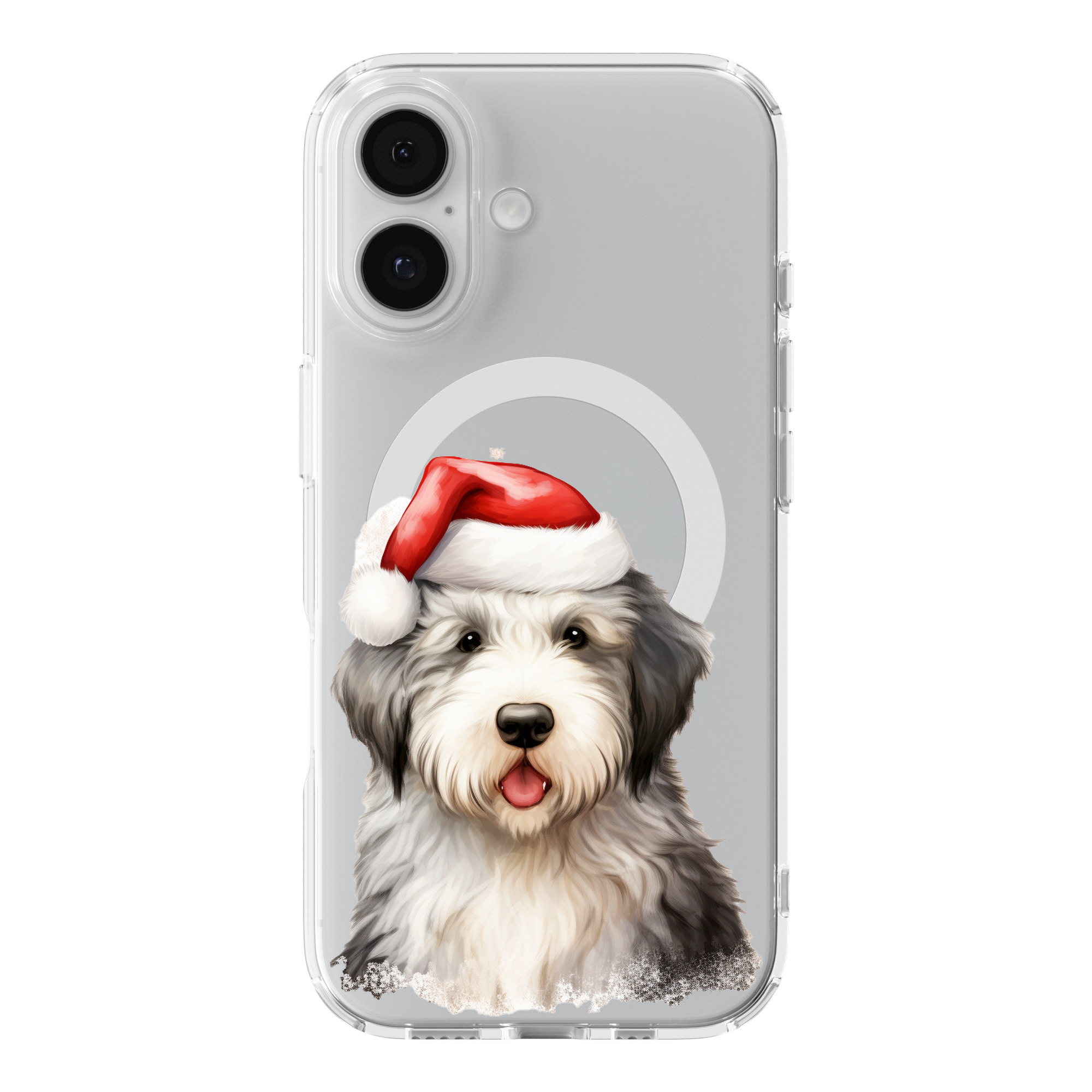 DistinctInk Santa Sheepdog Clear MagSafe Case for iPhone 18 & 17 Series