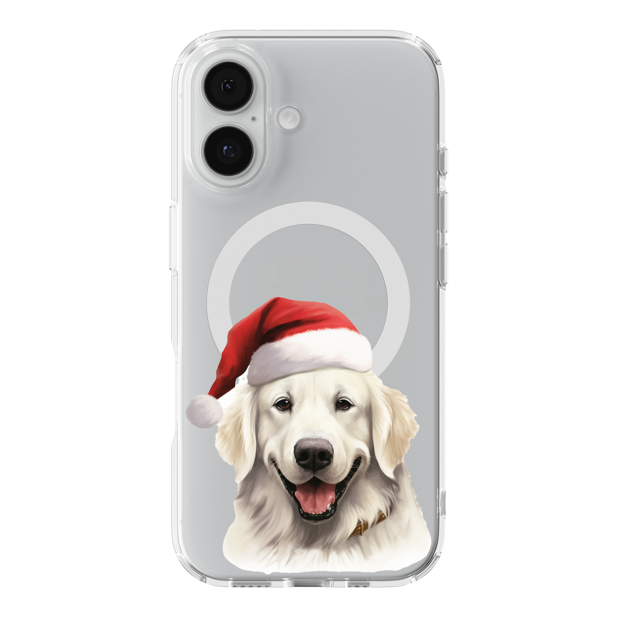 DistinctInk Santa Pyrenees Clear MagSafe Case for iPhone 18 & 17 Series