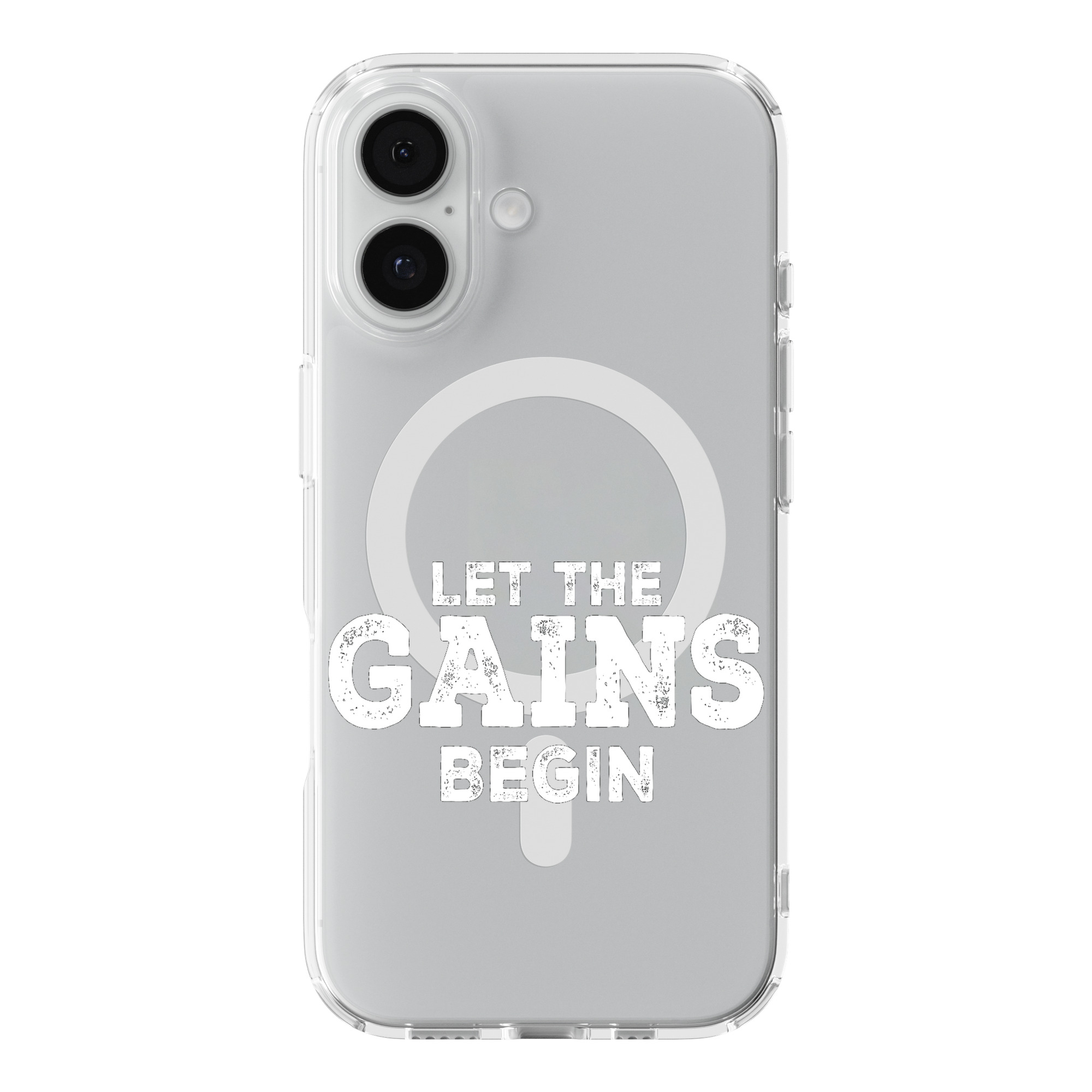 DistinctInk Let The Gains Begin Black Clear MagSafe Case for iPhone 18 & 17