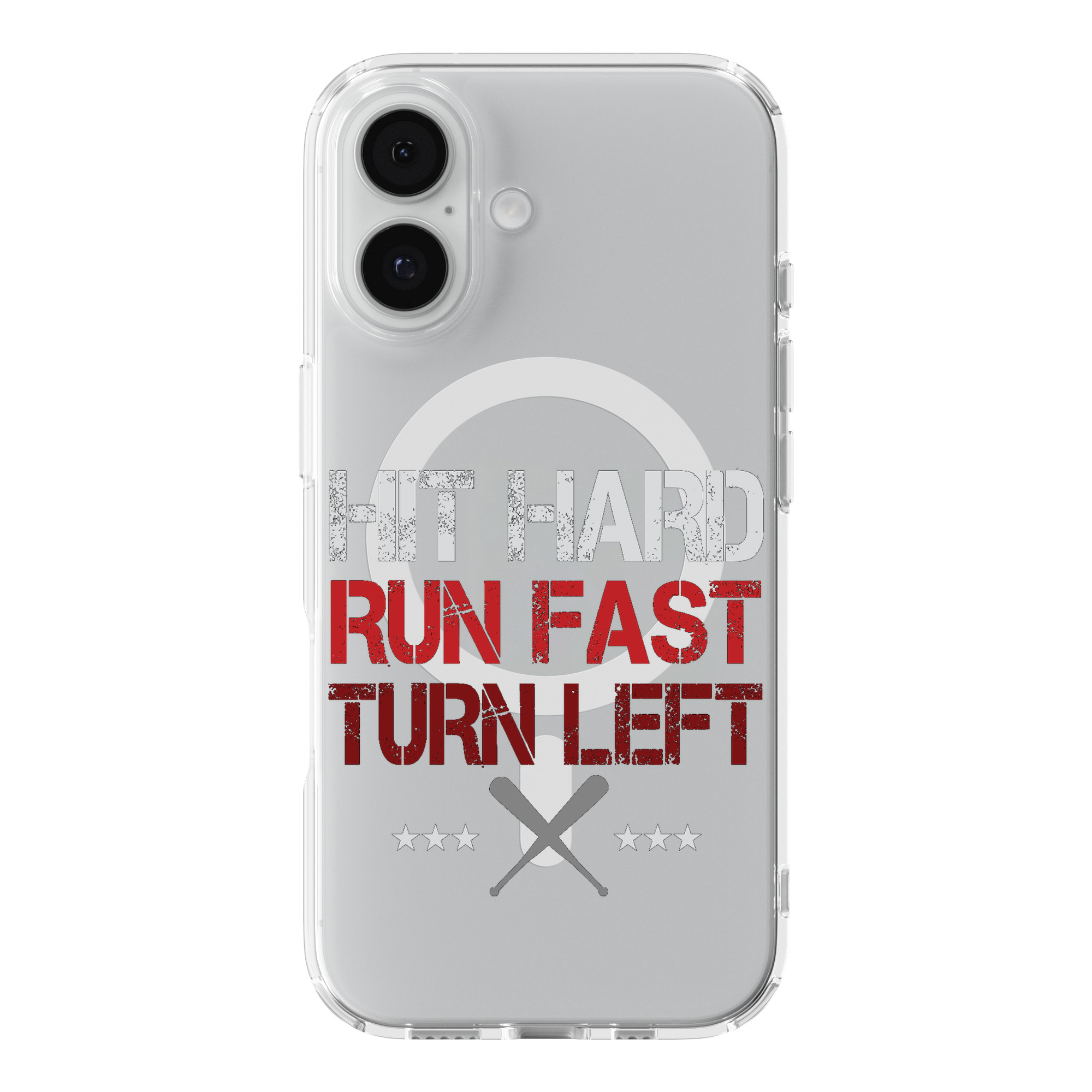 DistinctInk Hit Hard Run Fast Turn Left Baseball Clear MagSafe Case iPhone 18/17